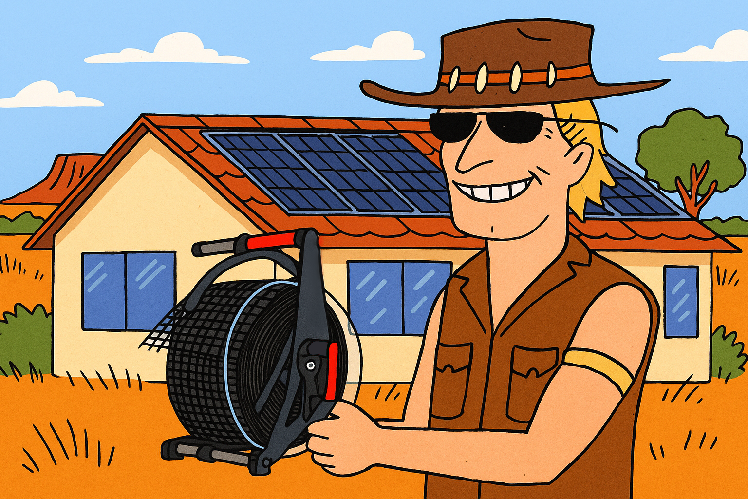 Artist's rendition of the Wire Mesh Wrangler solar tool in Australia being held by our first Australian customer.