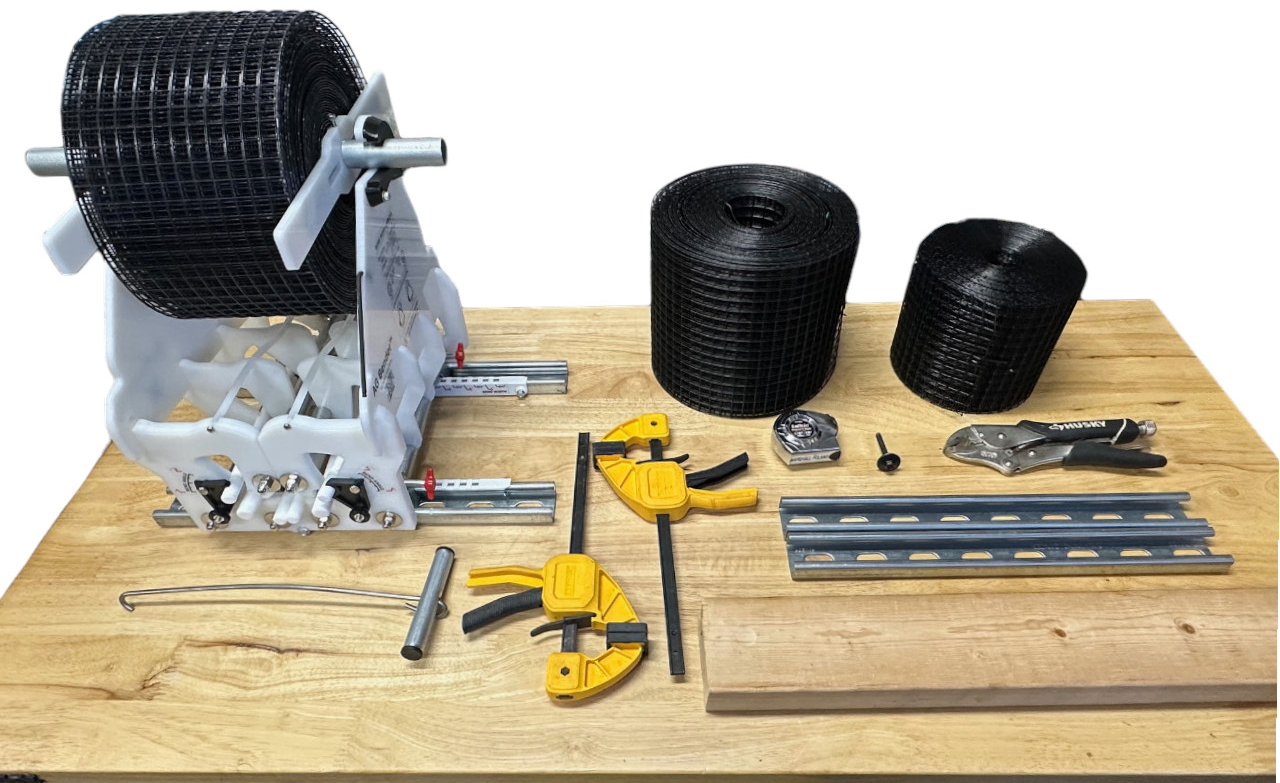 Various tools used for bending wire mesh then testing it