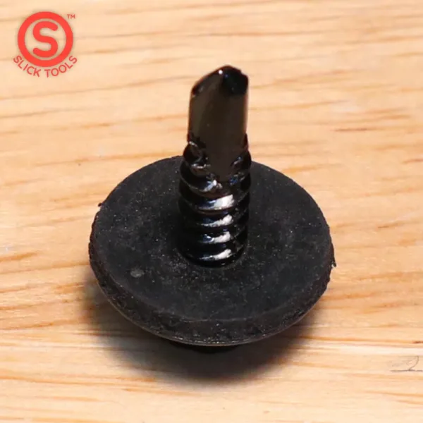 A black self tapping screw with washer