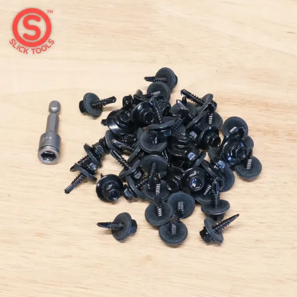 Self tapping black screws with fender washers and non magnetic nutsetter for stainless steel screws